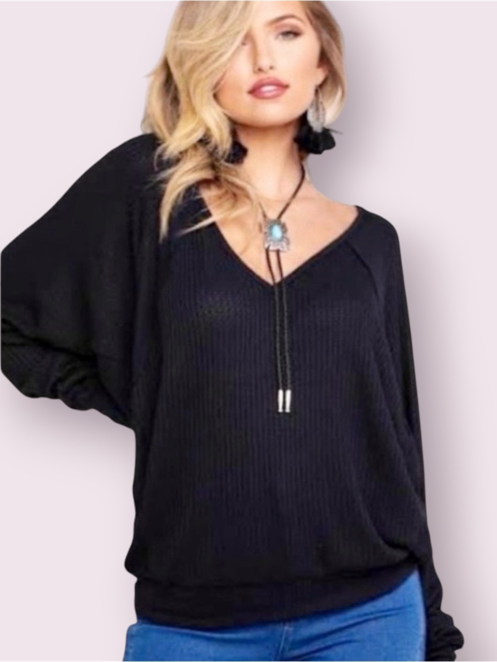 Free People We The Free Santa Clara Thermal Top V-Neck Black Oversized Medium